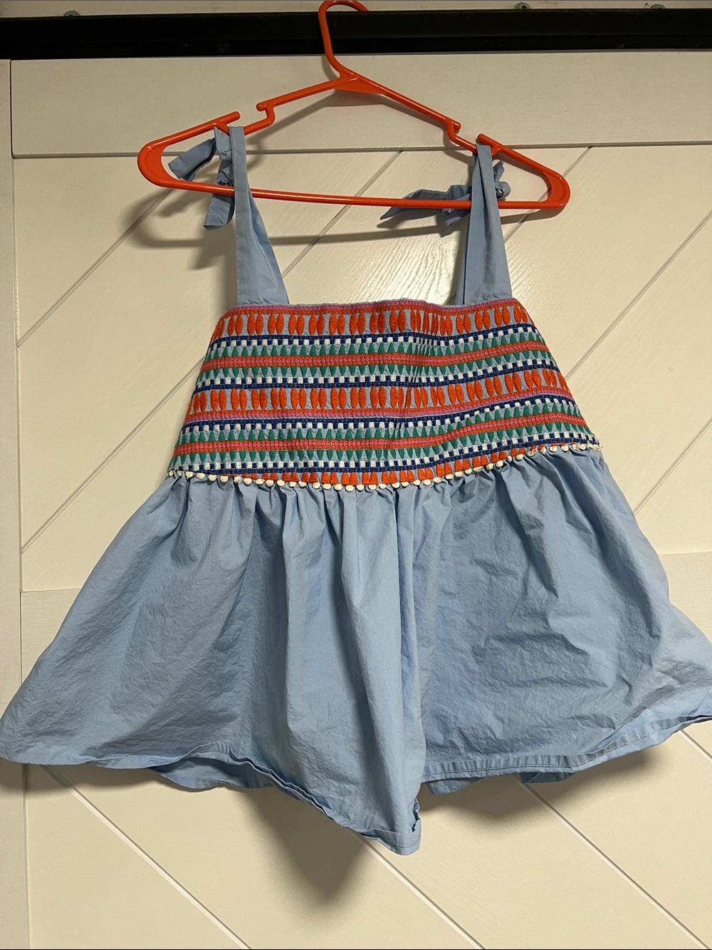 Light Blue Smocked Tank Top with Multicolor Embroidery